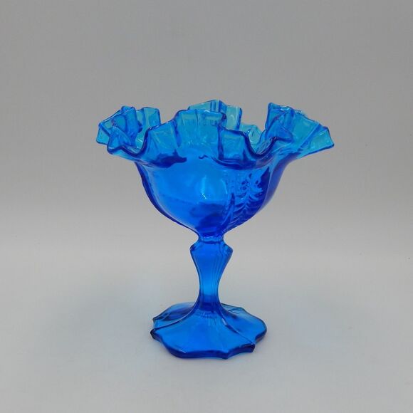 Fenton Colonial Blue Drape Pattern Ruffled Candy Dish Compote 6 Inch - Picture 3 of 6
